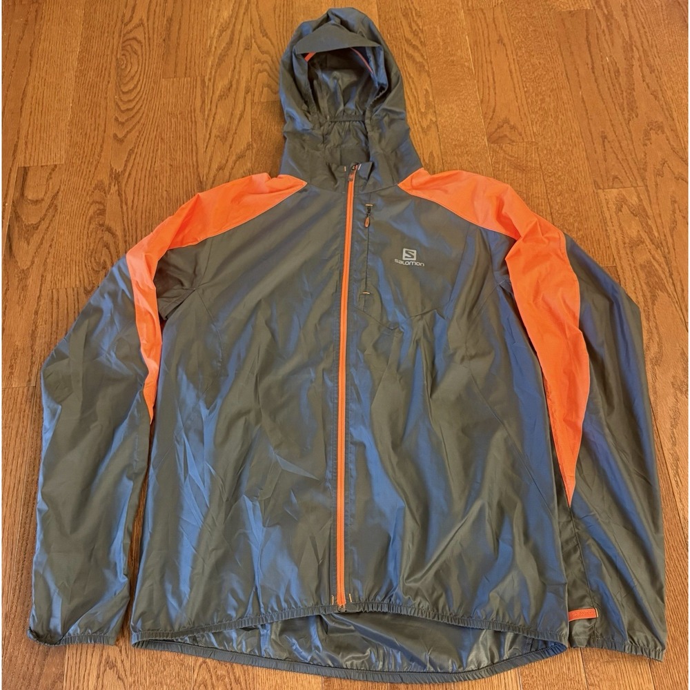 Salomon Mens L ClimaWind Trail Running Jacket Orange Grey Full Zip Windbreaker